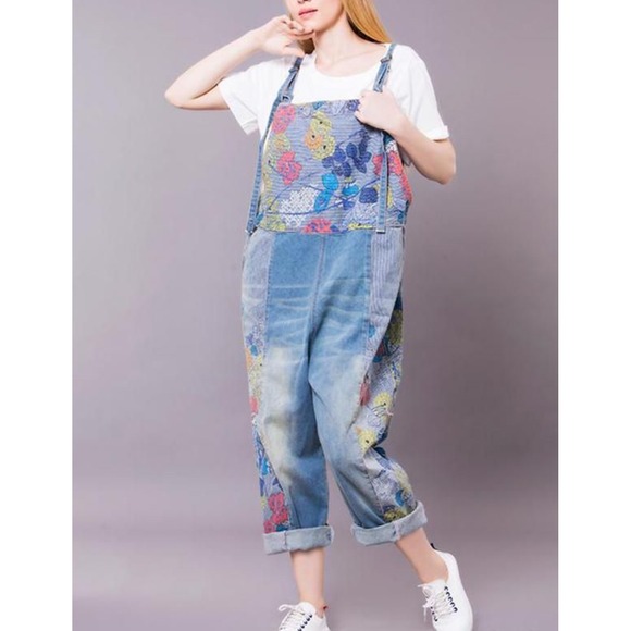 Monthorigin Boho Floral Denim Overalls Striped Accents Women's SIze L/XL - Picture 1 of 5